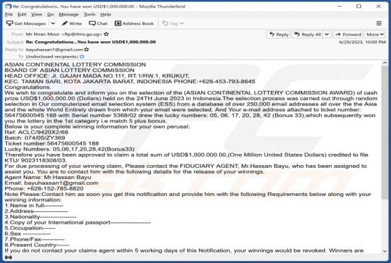Asian Continental Lottery Email Scam