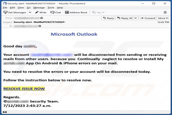 Microsoft Outlook Account Will Be Disconnected Email Scam
