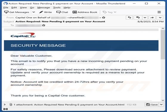 Capital One SECURITY MESSAGE Email Scam
