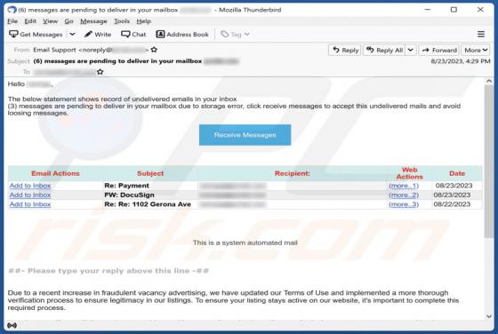 Messages Are Pending Due To Storage Error Email Scam