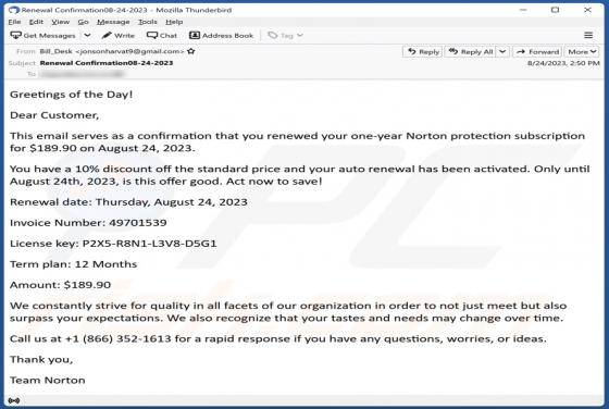 Norton Subscription Renewal Confirmation Email Scam