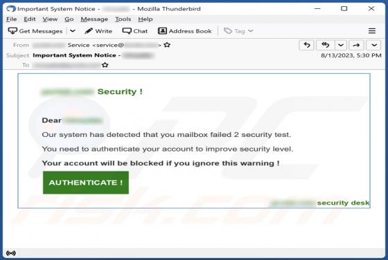 You Mailbox Failed 2 Security Test Email Scam