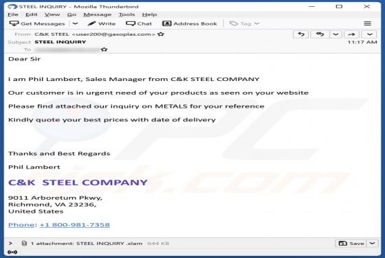 C&K STEEL COMPANY Email Virus