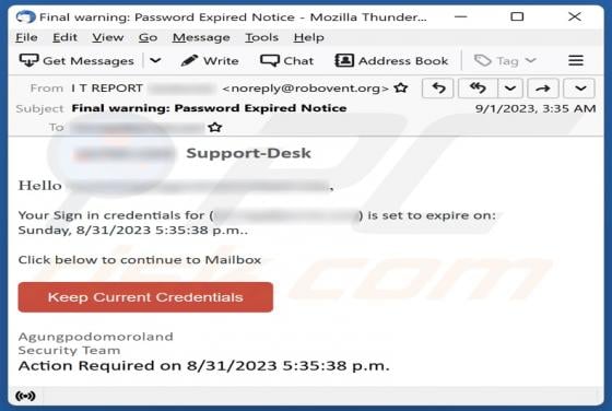 Sign In Credentials Is Set To Expire Email Scam