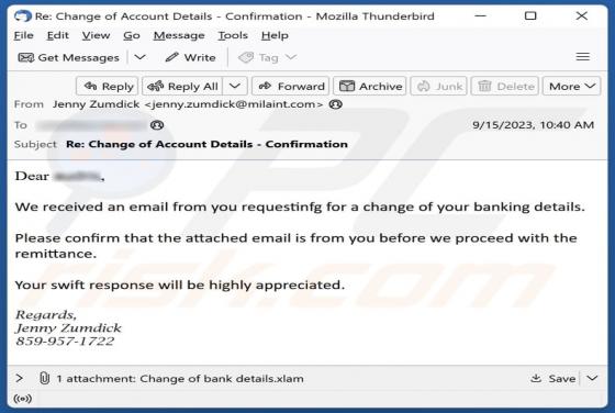 Change Of Your Banking Details Email Scam