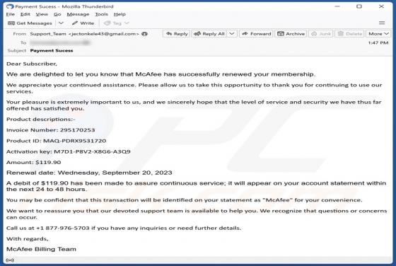McAfee Has Successfully Renewed Your Membership Email Scam