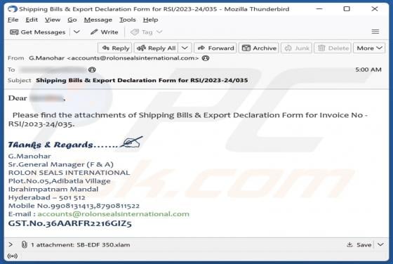 Shipping Bills & Export Declaration Form Email Virus