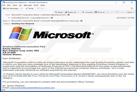 Microsoft Ending Promotion Award Email Scam