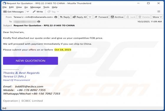 Quote Order Email Scam