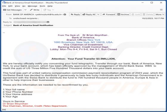 Bank Of America - Fund Transfer Email Scam