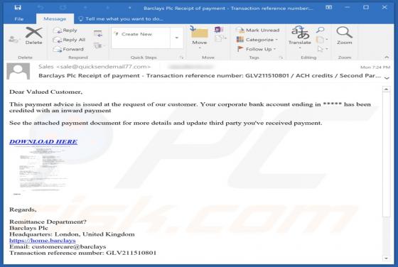 Barclays Payment Advice Email Virus