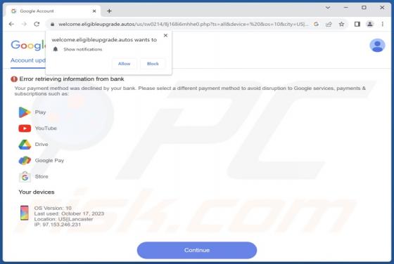 Error Retrieving Information From Bank POP-UP Scam