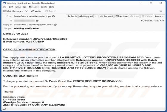 La Primitiva Lottery Promotions Program 2023 Email Scam