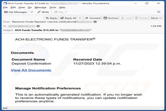 ACH-ELECTRONIC FUNDS TRANSFER Email Scam
