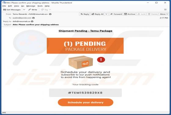 Temu - Pending Package Delivery Email Scam
