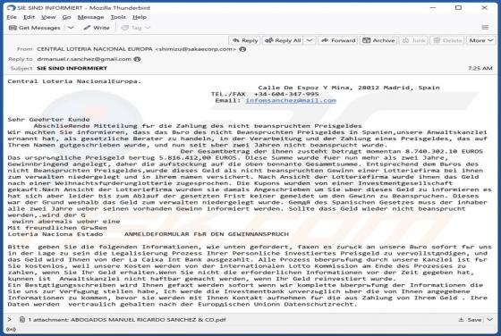 Central Loteria Nacional Europa Email Scam