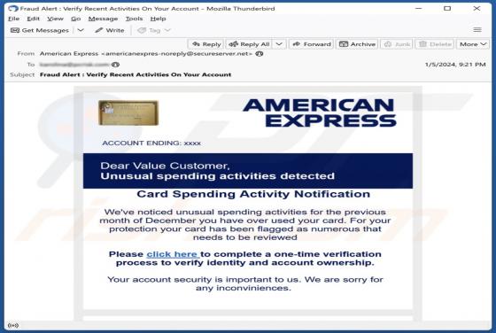American Express - Unusual Spending Activities Detected Email Scam