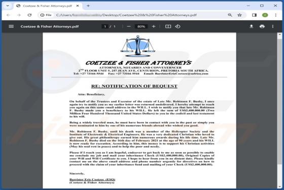 Coetzee & Fisher Attorneys Email Scam