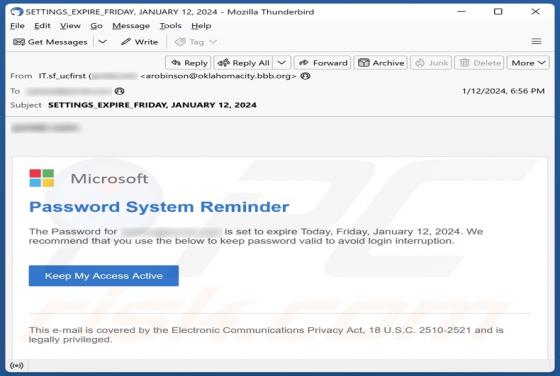 Microsoft Password System Reminder Email Scam