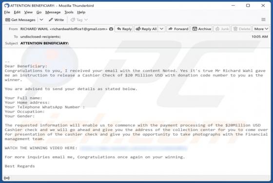 Cashier Check Email Scam