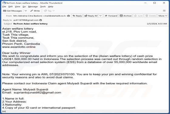 Asian Welfare Lottery Email Scam