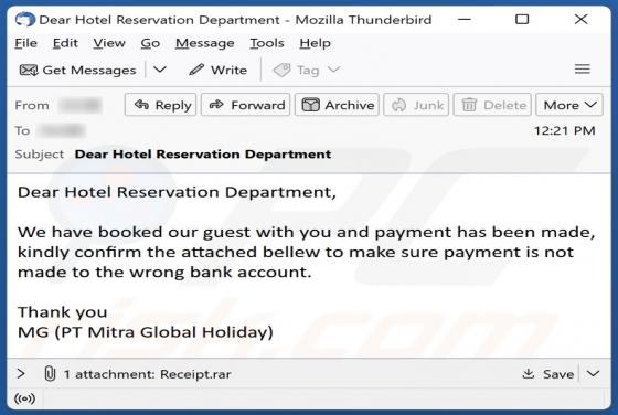 Confirm Hotel Bank Account Email Virus