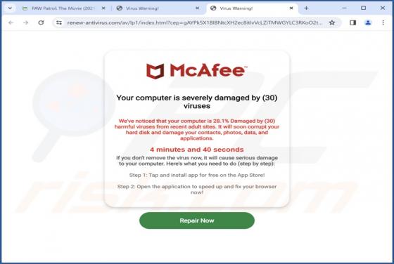 McAfee - Your Computer Is Severely Damaged POP-UP Scam
