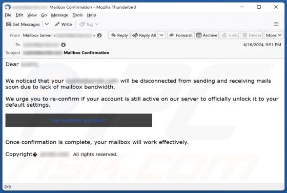 Lack Of Mailbox Bandwidth Email Scam