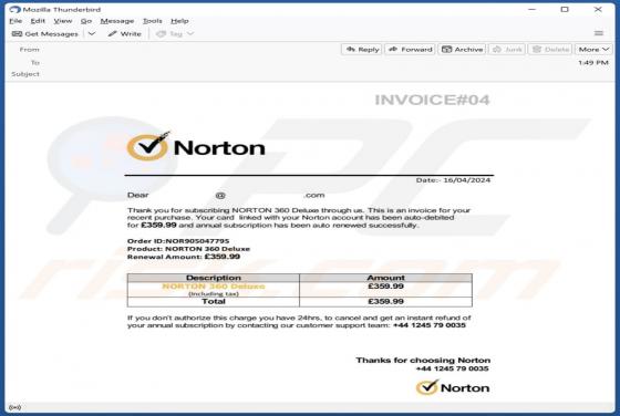 NORTON 360 Deluxe Purchase Invoice Email Scam