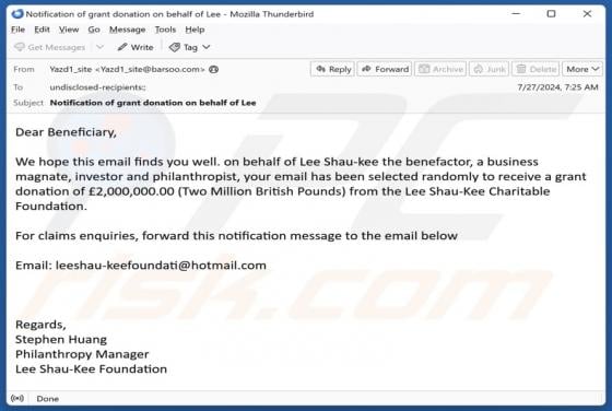 Lee Shau-Kee Charitable Foundation Email Scam