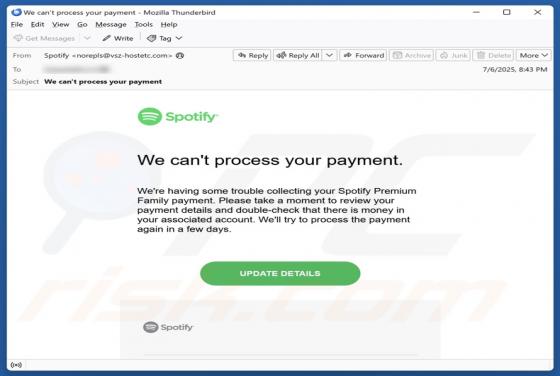 Spotify Can't Process Your Payment Email Scam