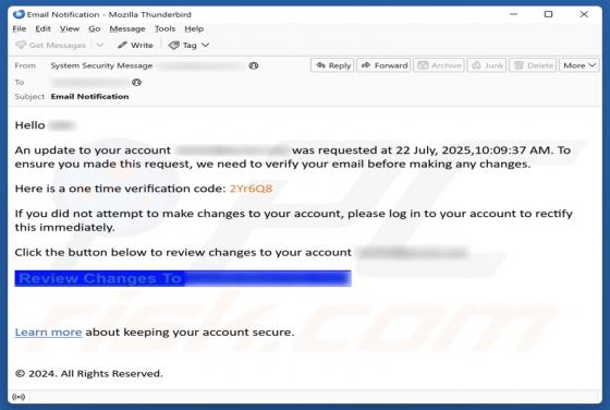 Update To Your Account Was Requested Email Scam