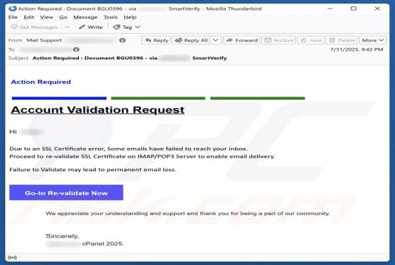 Account Validation Request Email Scam