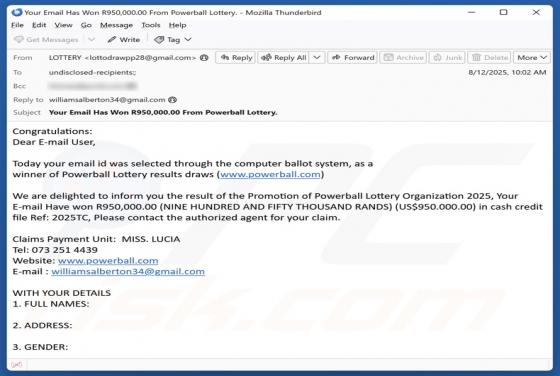 Promotion Of Powerball Lottery Organization 2025 Email Scam