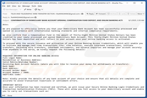 Domiciliary Bank Account Email Scam