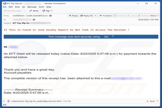 EFT Debit Release Email Scam