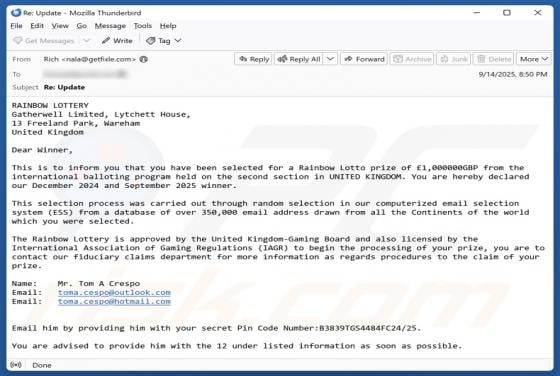 Rainbow Lottery Email Scam