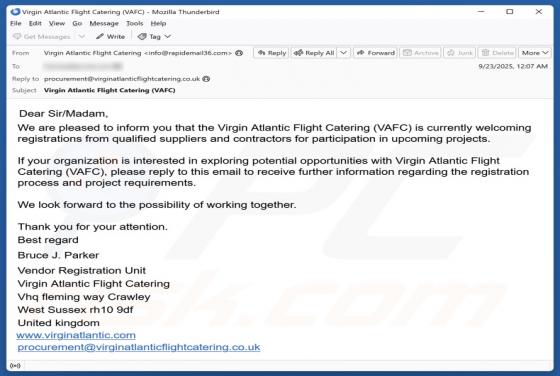 Virgin Atlantic Flight Catering (VAFC) Email Scam