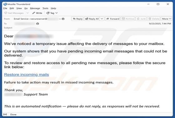 Issue Affecting The Delivery Of Messages Email Scam