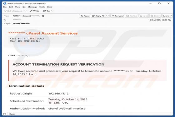 cPanel - Account Termination Request Verification Email Scam