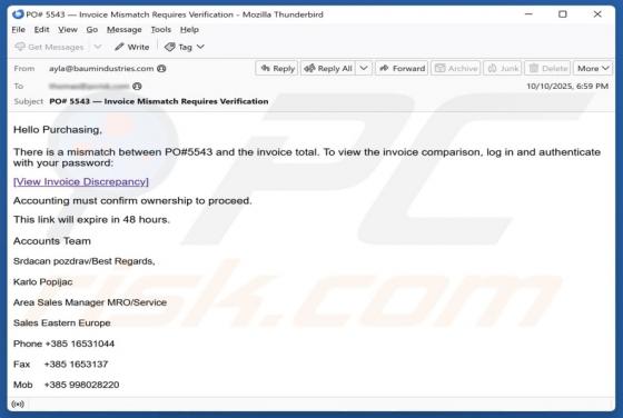 Mismatch Between Purchase Order And Invoice Email Scam