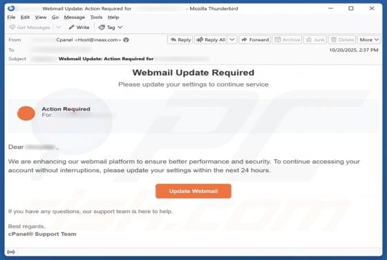 cPanel - Webmail Update Required Scam