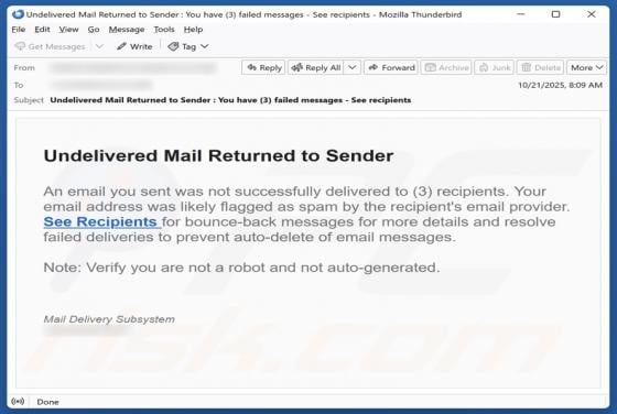 Undelivered Mail Returned To Sender Email Scam