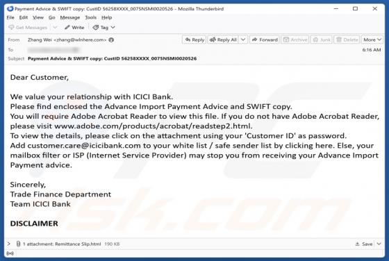 ICICI Bank - Payment Advice And Swift Copy Email Scam