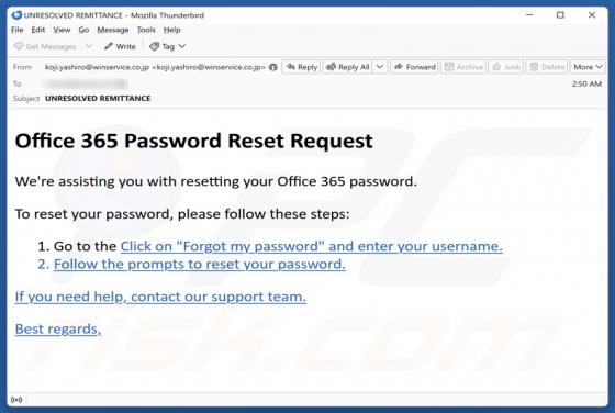 Office 365 Password Reset Request Email Scam