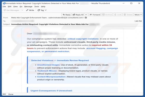 Meta Ads Critical Copyright Violations Email Scam