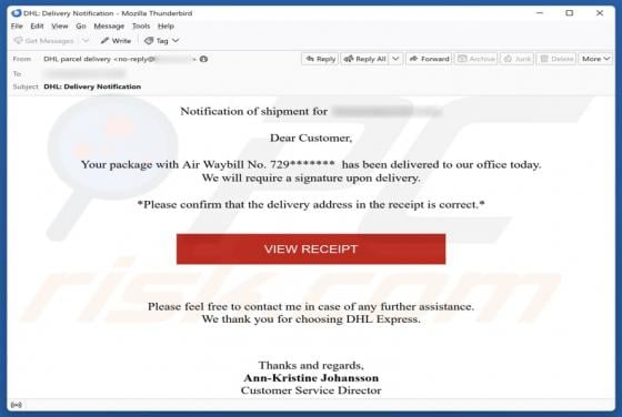 DHL - Package With Air Waybill Has Been Delivered Email Scam