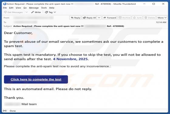 Spam Test Email Scam
