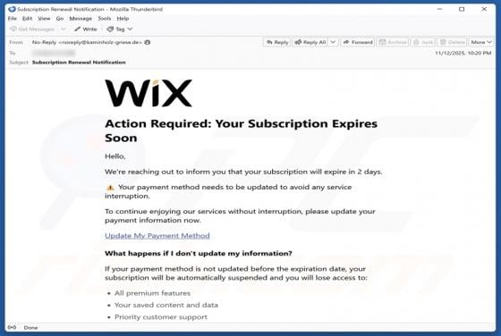 Wix Subscription Expiration Email Scam