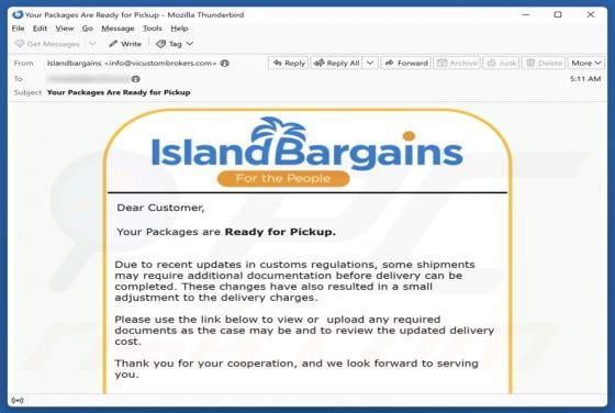 Island Bargains Packages Ready For Pickup Email Scam